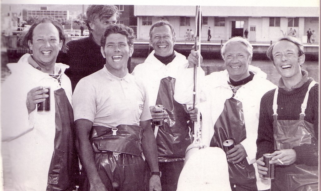 From left: Anthony Churchill (left), Sammy Sampson (rear), Owen Parker, Jean Berger, Ted Heath, and Duncan Kay celebrate their win in the 1969 Sydney Hobart Race, by one of the smallest boats in the fleet.  © George Layton